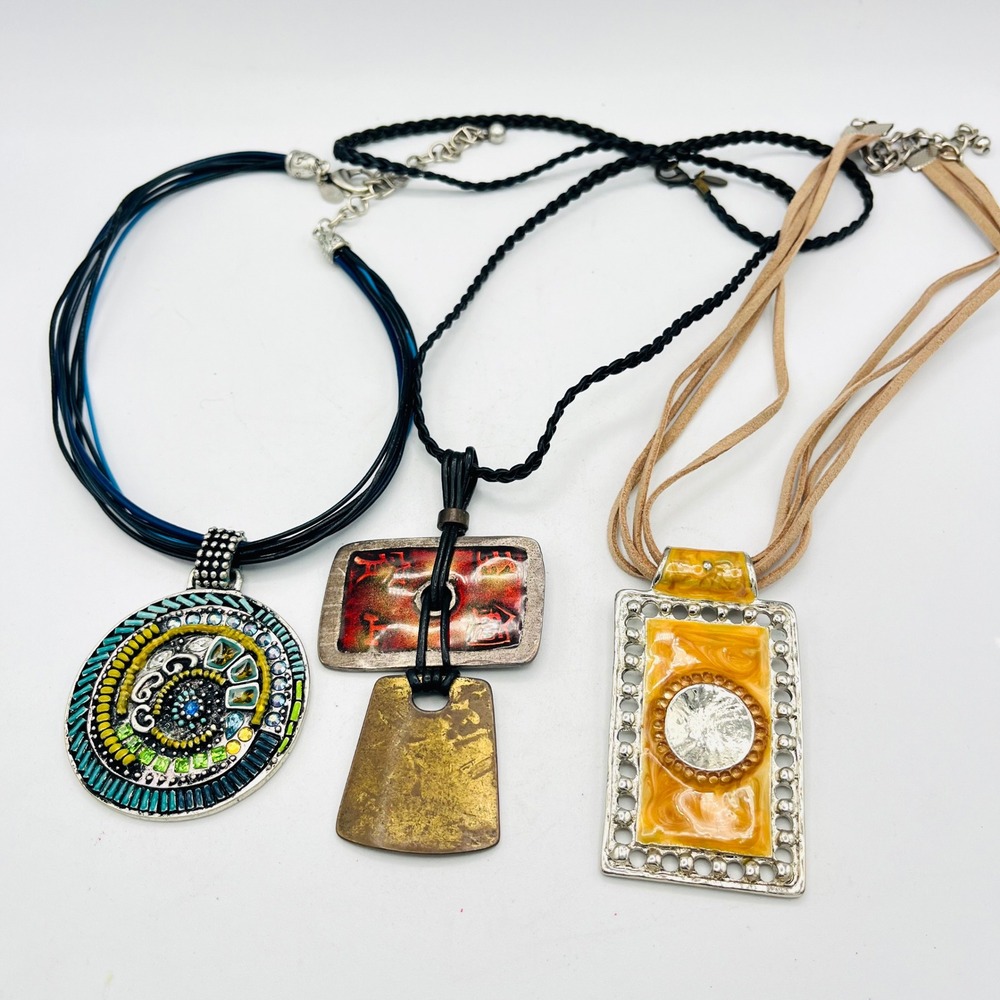 Chicos Statement Necklace Lot 3pc Boho Enamel Mosaic Pendants Adjustable Cords